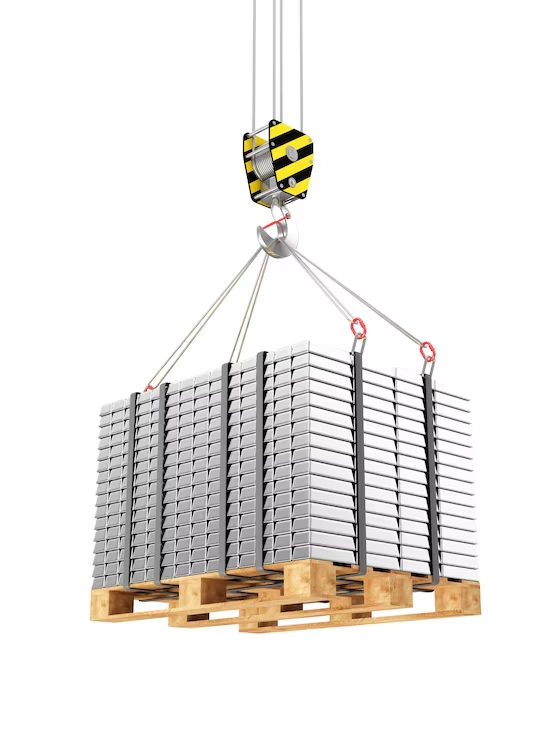crane hook with stacked silver bars wooden pallet 241146 737