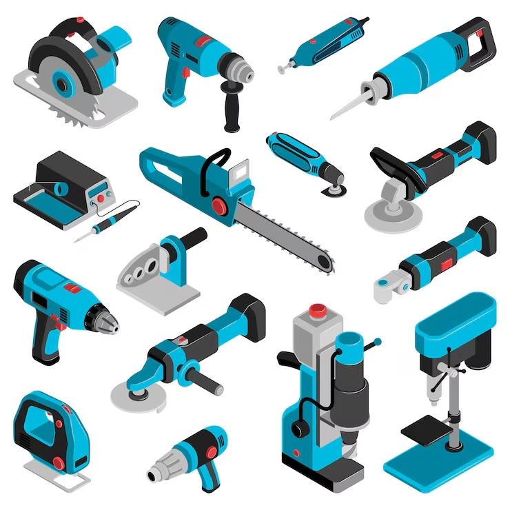 electric machine tools isometric set jigsaw saber saw angle grinder drilling machine isolated vector illustration 1284 71505