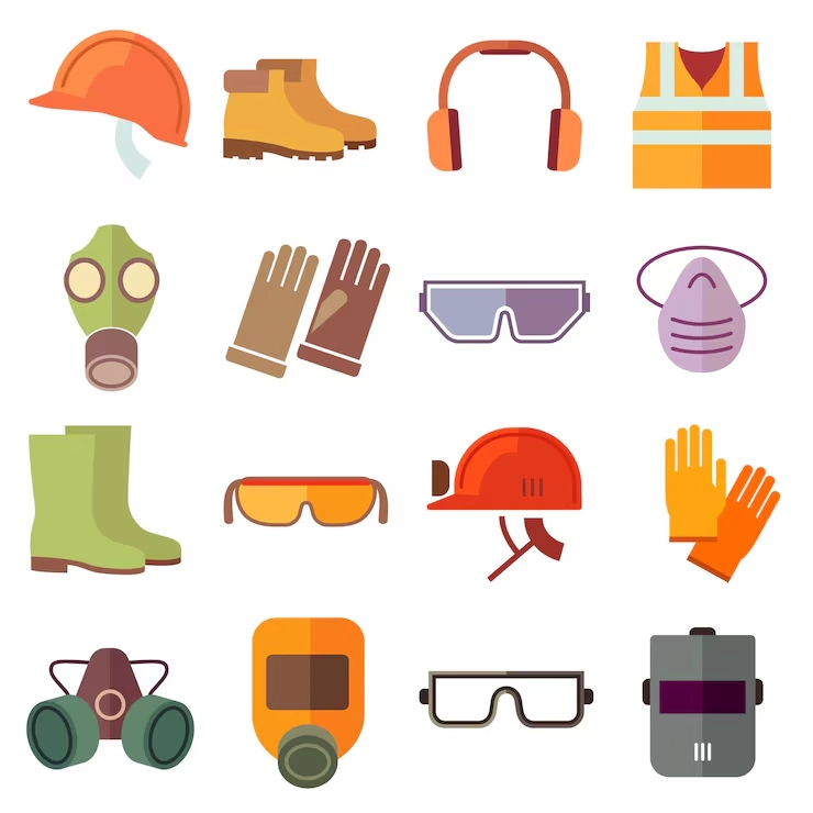 flat job safety equipment vector icons set safety icon helmet equipment job industrial safety headgear protection boot illustration 1284 47102