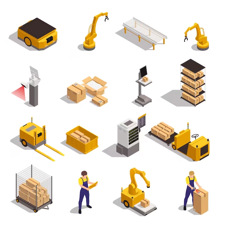 modern warehouse automated system elements isometric set with robotic arm conveyor storage tracking software isolated vector illustration 1284 70773