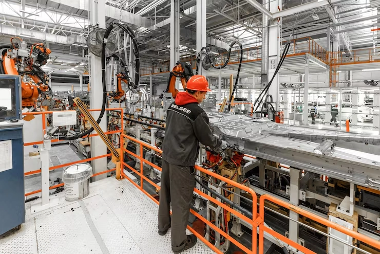 photo automobile production line welding car body modern car assembly plant auto industry male worker orange protective helmet 645730 108