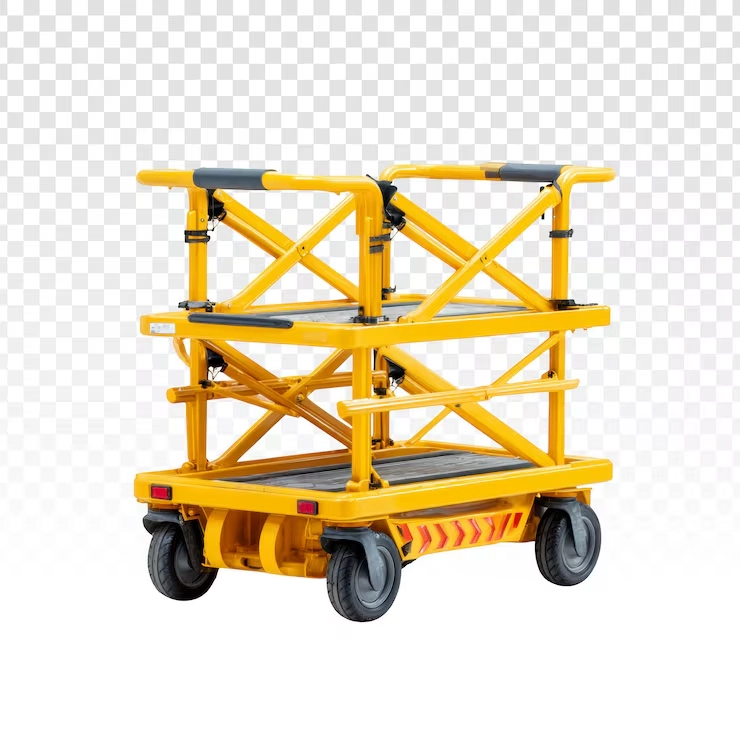yellow two tiered mobile work platform with safety rails 84443 76245